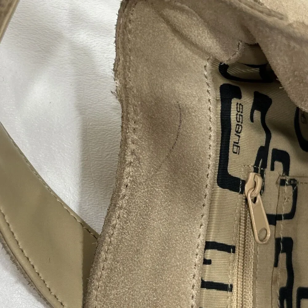 Guess Leather Suede Beige Tan Y2K‎ Hobo Shoulder Fringe Top Zip HandBag Purse